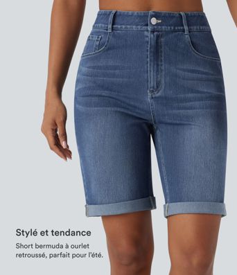 Bermuda décontracté en jean extensible délavé Halara Flex™ taille haute avec revers et multiples poches