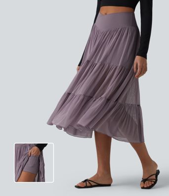 Crossover High Waisted 2-in-1 Breathable Mesh Midi Flowy Casual Tiered Skirt with Pockets