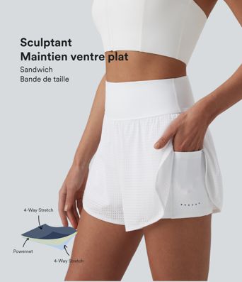 Short yoga 2-en-1 gainant taille haute à pois réfléchissants, ourlet arrondi croisé et œillets avec poches