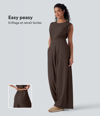 Softlyzero™ Quickdry col rond sans manches dos ajouré avec poche latérale combinaison de yoga - Édition Easy Peasy