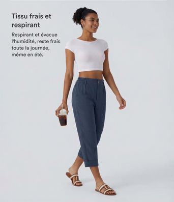 Pantalon capri effet lin taille haute avec poches zippées