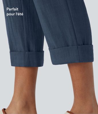 Pantalon capri effet lin taille haute avec poches zippées