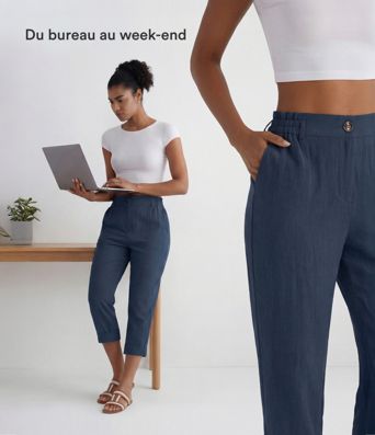 Pantalon capri effet lin taille haute avec poches zippées