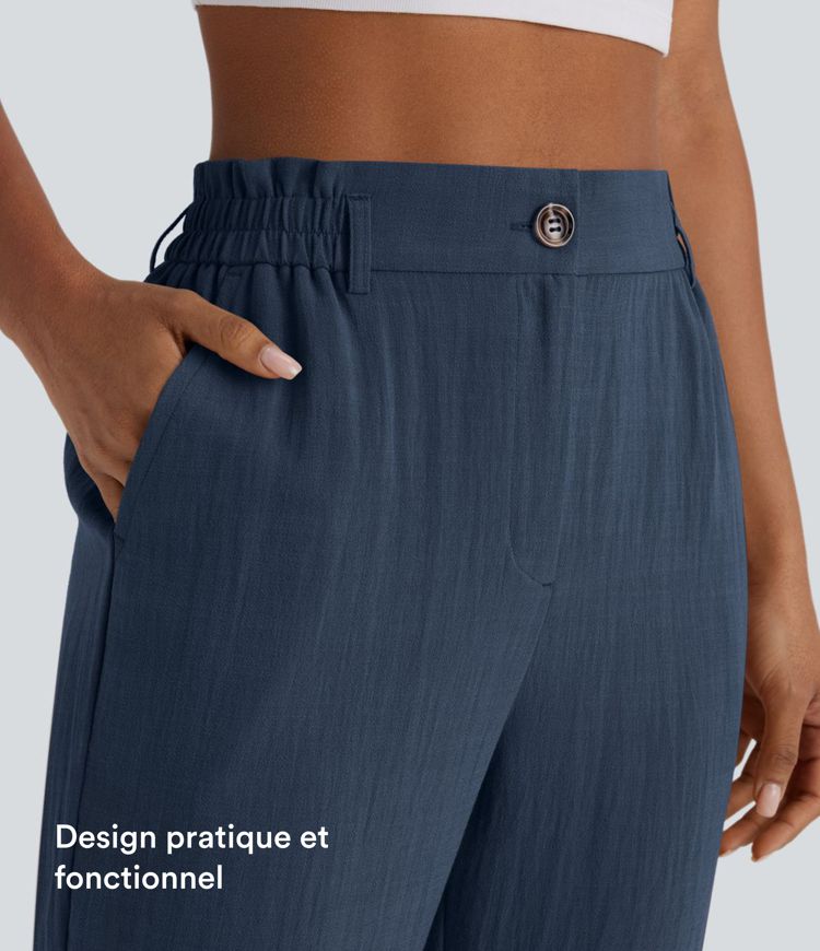 Pantalon capri effet lin taille haute avec poches zippées