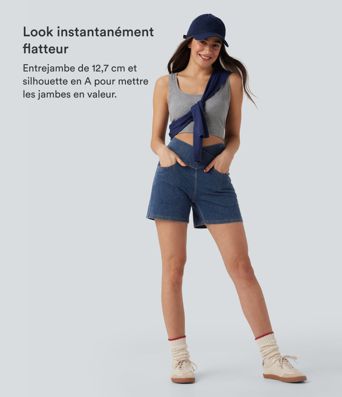 Halara Flex™ Short décontracté évasé à jambe large en denim extensible délavé taille haute croisée avec poches multiples