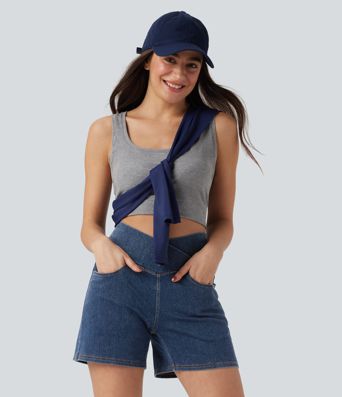 Halara Flex™ Short décontracté évasé à jambe large en denim extensible délavé taille haute croisée avec poches multiples