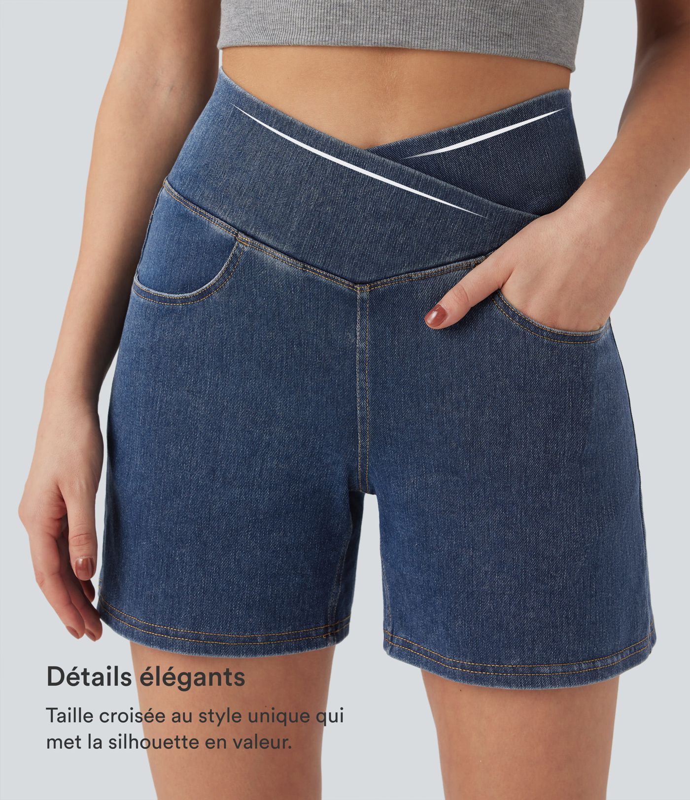 Halara Flex™ Short décontracté évasé à jambe large en denim extensible délavé taille haute croisée avec poches multiples