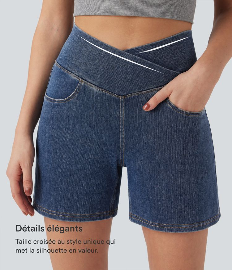 Halara Flex™ Short décontracté évasé à jambe large en denim extensible délavé taille haute croisée avec poches multiples
