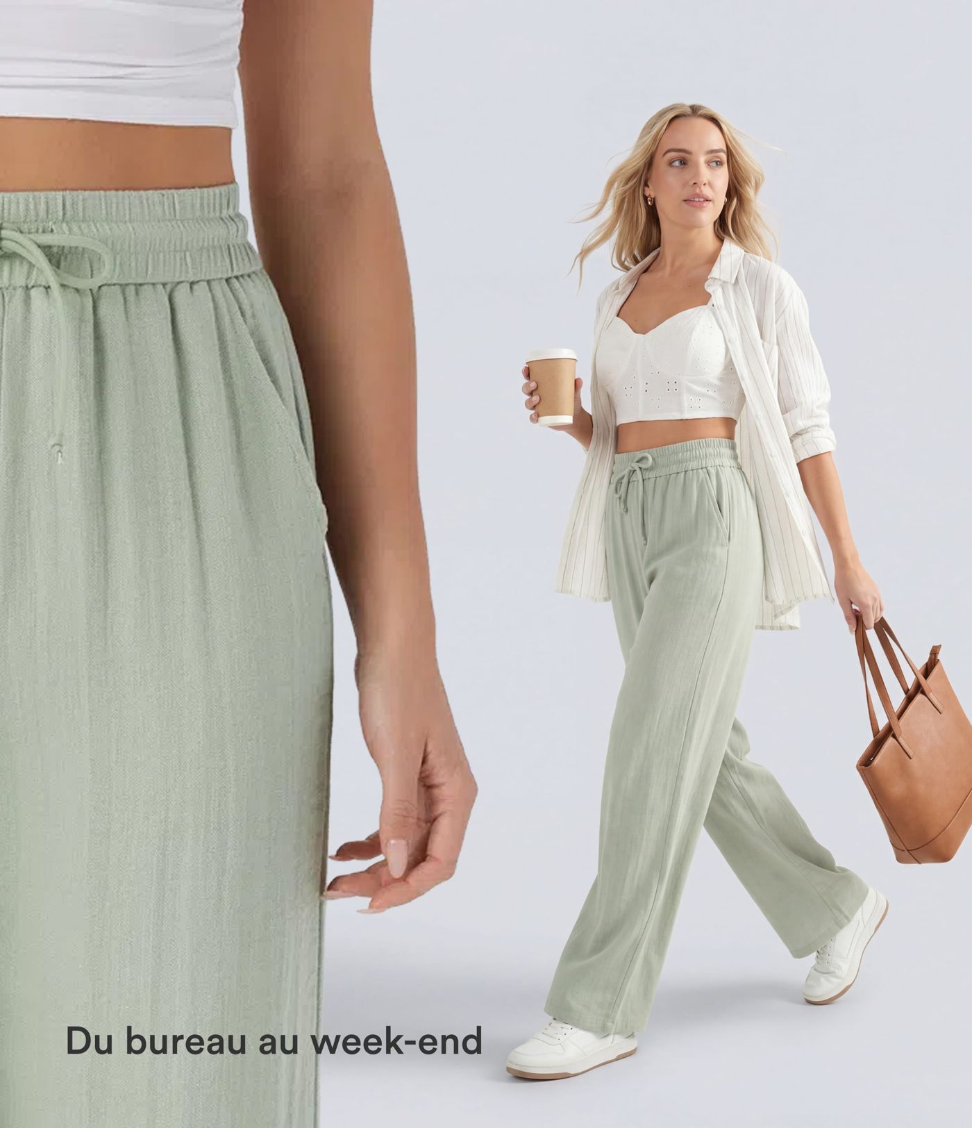 Pantalon large fluide taille haute avec cordon de serrage, poches latérales et aspect lin