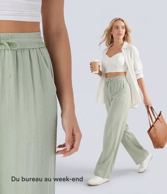 Pantalon large fluide taille haute avec cordon de serrage, poches latérales et aspect lin