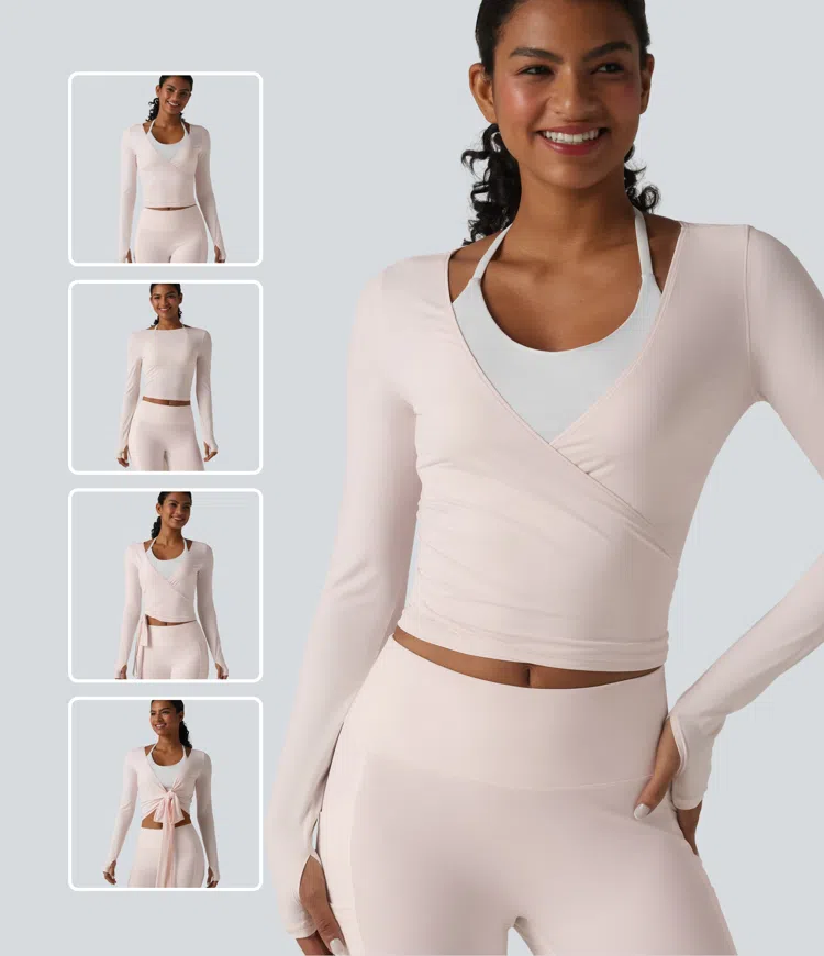 Primrose Pink Uzun kollu çapraz bağlamalı serin dokunuşlu yoga üstü - UPF50+ / 1