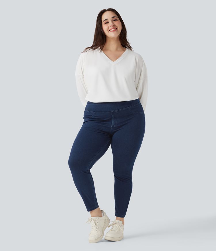 Halara Flex™ Plus Size Jeans Jeggings aus elastischem Strick-Denim mit hohem Bund und Gesäßtaschen