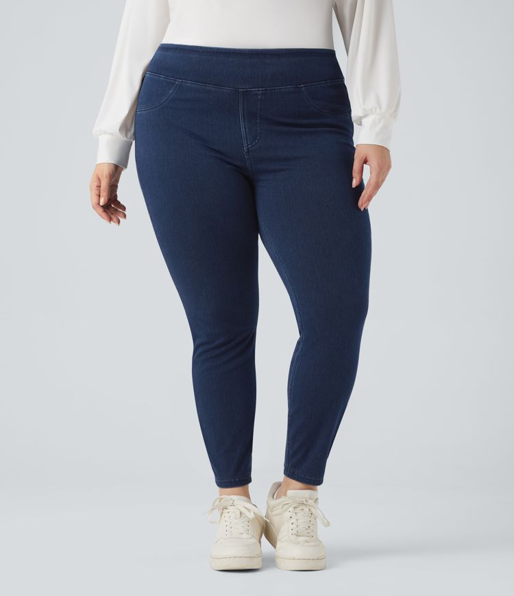 Halara Flex™ Plus Size Jeans Jeggings aus elastischem Strick-Denim mit hohem Bund und Gesäßtaschen