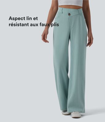 Wide-leg casual high-waisted crossover trousers in a linen look with pockets