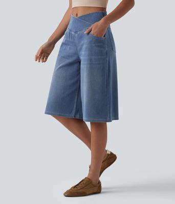 Halara Flex™ Crossover High Waisted Tummy Control Denim Casual Baggy Shorts with Pockets