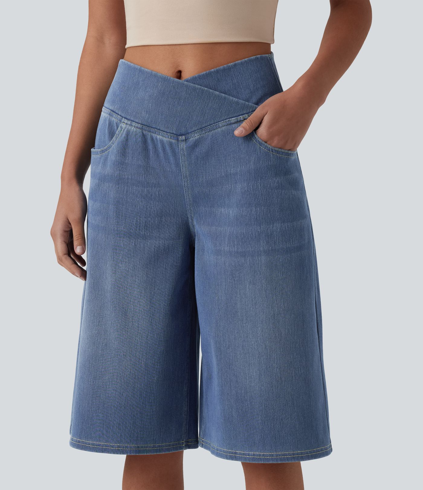 Halara Flex™ Crossover High Waisted Tummy Control Denim Casual Baggy Shorts with Pockets