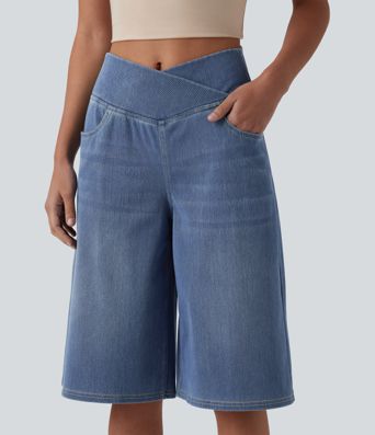 Halara Flex™ Crossover High Waisted Tummy Control Denim Casual Baggy Shorts with Pockets