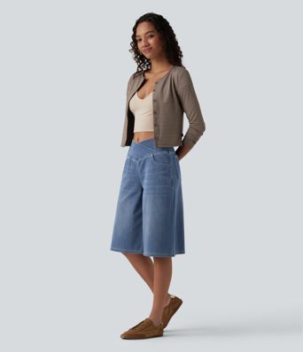 Halara Flex™ Crossover High Waisted Tummy Control Denim Casual Baggy Shorts with Pockets