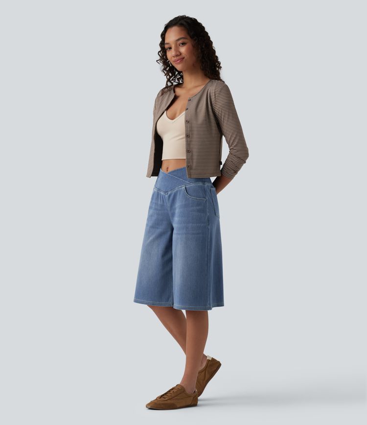 Halara Flex™ Crossover High Waisted Tummy Control Denim Casual Baggy Shorts with Pockets