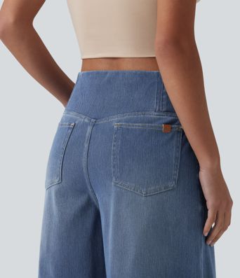 Halara Flex™ Crossover High Waisted Tummy Control Denim Casual Baggy Shorts with Pockets