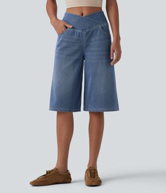 Halara Flex™ Crossover High Waisted Tummy Control Denim Casual Baggy Shorts with Pockets