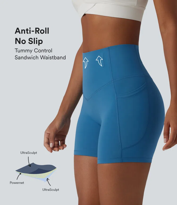 Halara UltraSculpt™ High Waisted Anti-Roll Tummy Control Shaping Workout Biker Shorts 5'' with Pockets