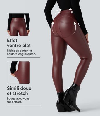 High-waisted stretch faux leather fleece pants with pockets
