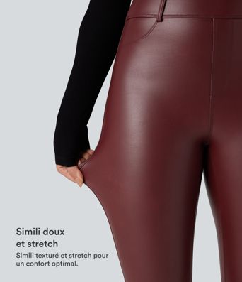 High-waisted stretch faux leather fleece pants with pockets