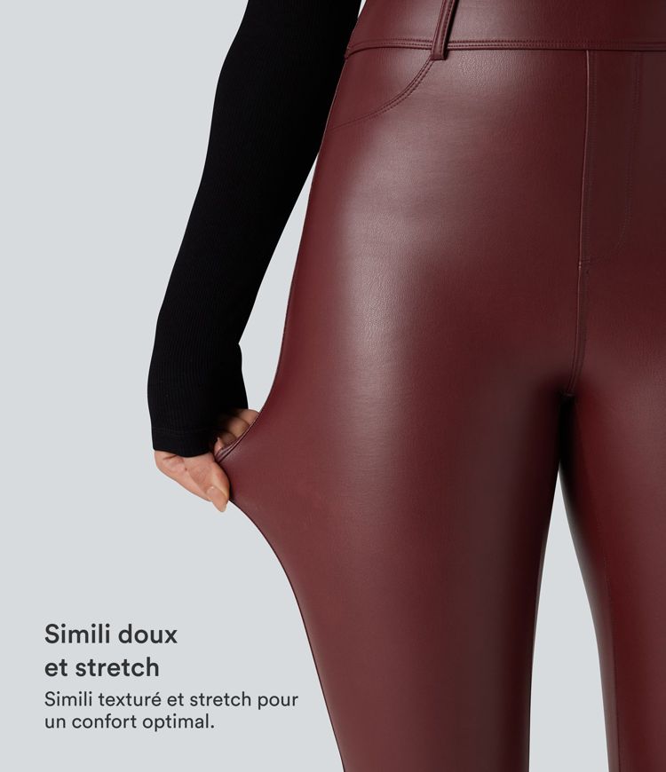 High-waisted stretch faux leather fleece pants with pockets