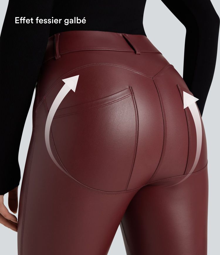 High-waisted stretch faux leather fleece pants with pockets