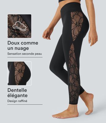 Softlyzero™ High-Waisted 7/8 Yoga Leggings with Back Pocket, Crisscross Cut and Contrasting Lace