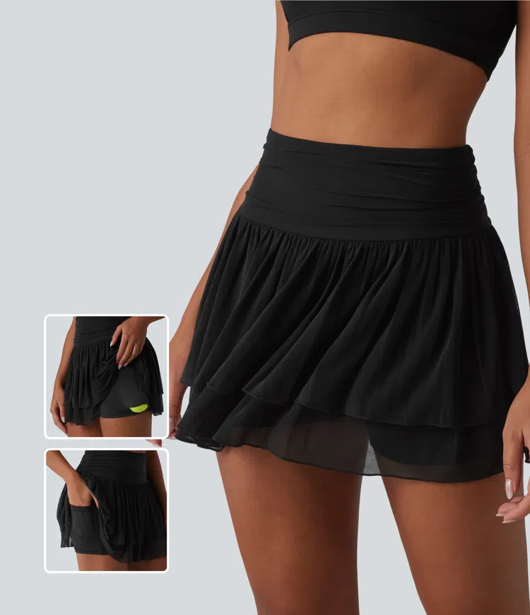 Geraffter 2-in-1 Tennis-Minirock mit hohem Bund, Seitentaschen, Stufen und atmungsaktivem Mesh