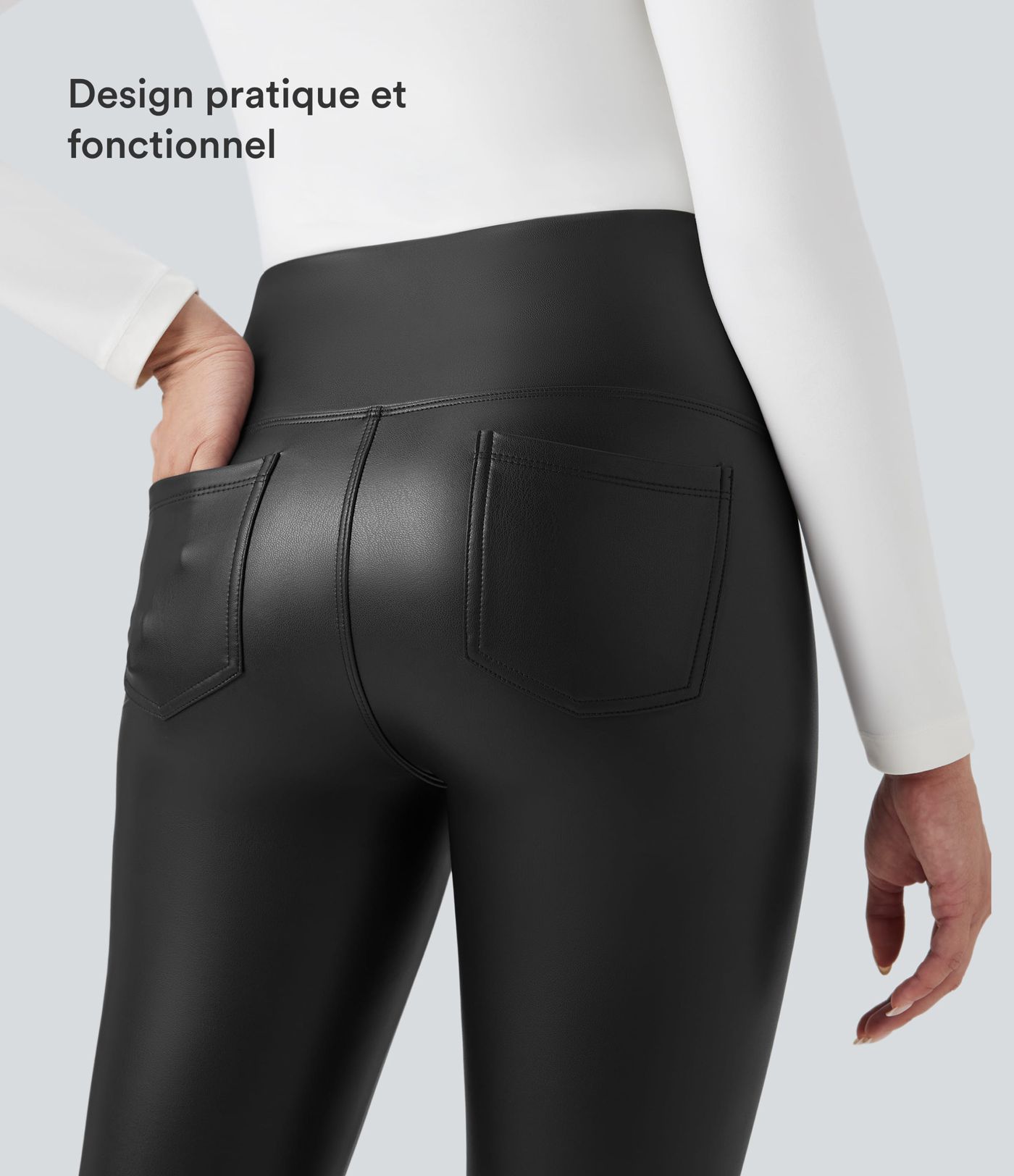 Pantalon 7/8 moulant décontracté polaire gainant taille haute extensible effet cuir avec poches