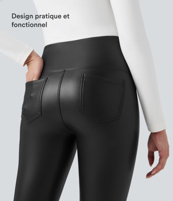 Pantalon 7/8 moulant décontracté polaire gainant taille haute extensible effet cuir avec poches