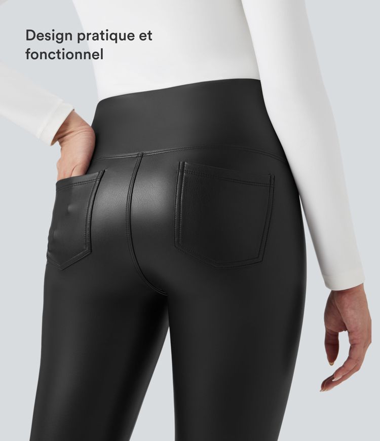 Pantalon 7/8 moulant décontracté polaire gainant taille haute extensible effet cuir avec poches