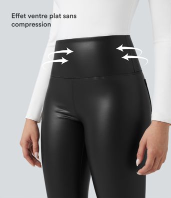 Pantalon 7/8 moulant décontracté polaire gainant taille haute extensible effet cuir avec poches