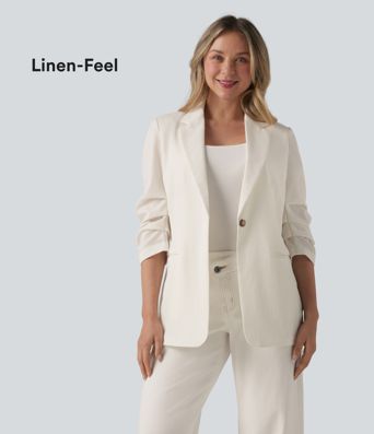 3/4 Sleeve Ruched Linen-Feel Work Blazer with Pockets
