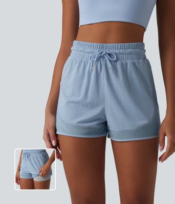 High Waisted Drawstring Eyelet Breathable Mesh 2-in-1 Workout Shorts