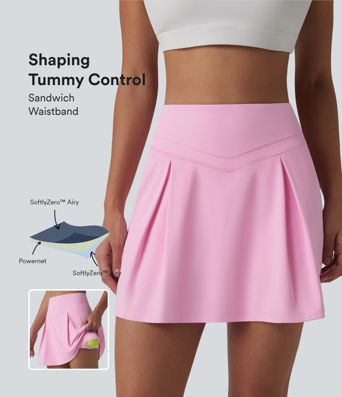 SoftlyZero™ Airy Mid Rise Tummy Control 2-in-1 Ruched Mini Workout Skirt with Pockets-UPF50+