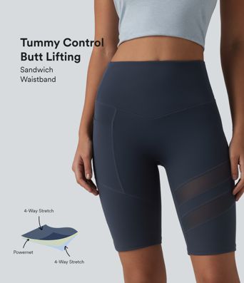 DayStretch High Waisted Tummy Control Butt Lifting Contrast Mesh Casual Biker Shorts 9.5'' with Pocket