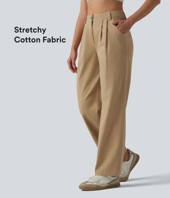 High Waisted Pleated Straight Leg Casual Chino Cotton Pants with Pockets