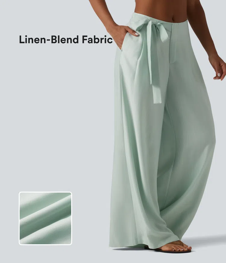 High Waisted Tie Side Baggy Linen-Blend Pants with Pockets