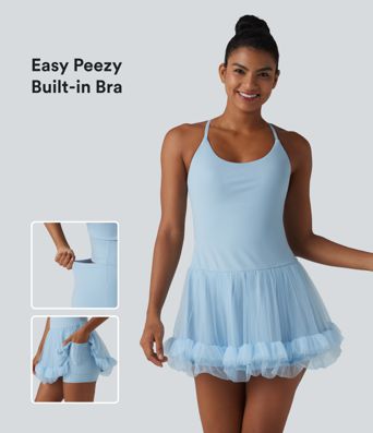 Contrast Mesh Built-in Bra 2-in-1 Mini Workout Active Dress with Pockets-Easy Peezy Edition
