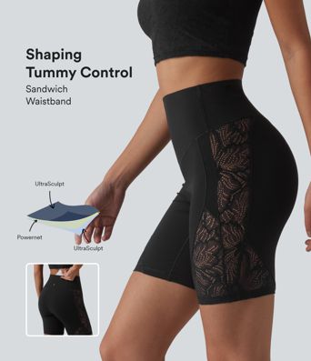 Halara UltraSculpt™ High Waisted Tummy Control Contrast Lace Yoga Biker Shorts 7'' with Pocket
