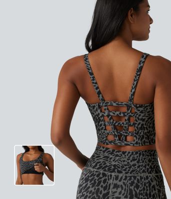 Halara UltraSculpt™ - Verkürztes Yoga-Tanktop mit U-Ausschnitt, integriertem BH, Leopardenmuster und Cut-Out-Design