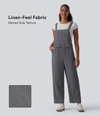 Straight Leg Casual Linen-Feel Overalls with Pockets