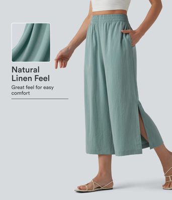 High Waisted Split Linen-Feel Casual Cropped Baggy Pants with Pockets