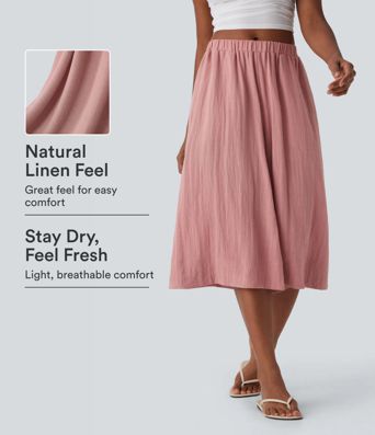 Mid Rise Wide Leg Flowy Linen-Feel Pants with Pocket