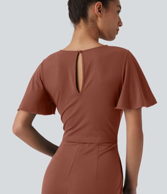 Round Neck Short Sleeve Tie Front Wide Leg Jumpsuit with Pockets-Easy Peezy Edition