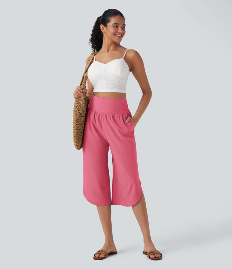 Breezeful™ High Waisted Tummy Control Hem Quick Dry Capri Pants with Pockets
